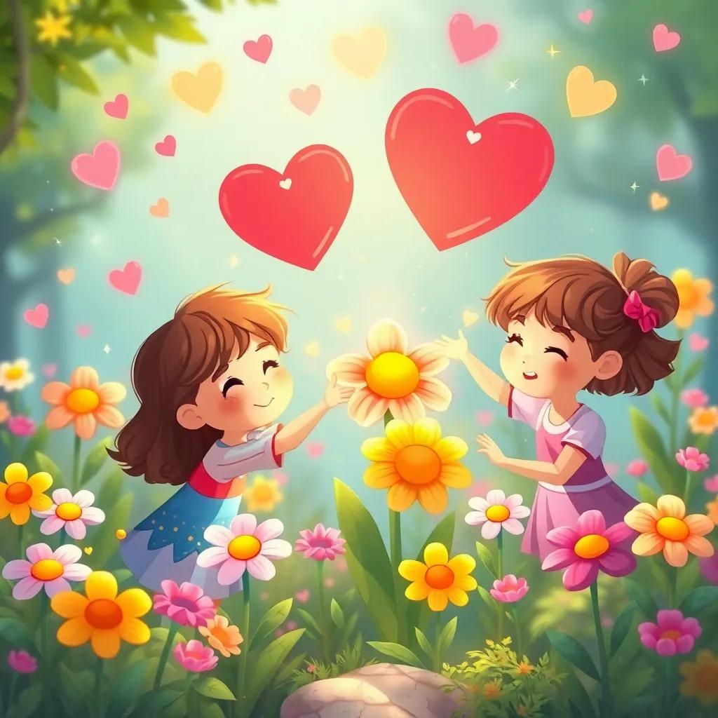 Children helping sad flowers in the magical garden, hearts shining above flowers, colorful sparkles in the air, showing care and kindness, bright colors, heartwarming illustration