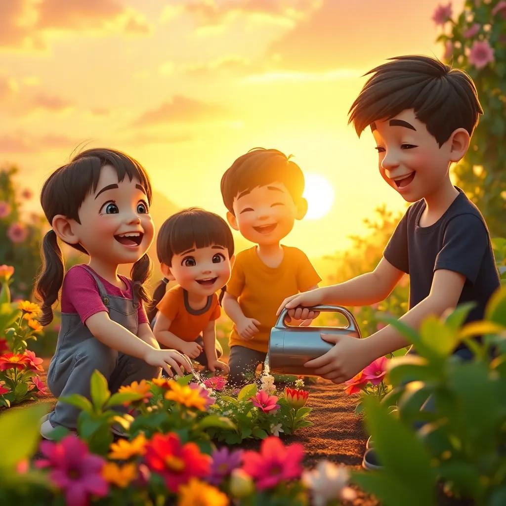 Children learning and laughing while taking care of the flowers, watering plants in a vibrant garden with a beautiful sunset in the background, warm light, joyous atmosphere, fantasy scene