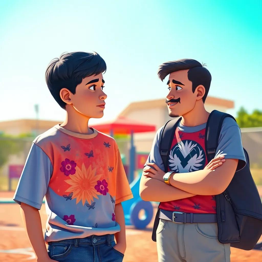 A young Arab boy, Ali, with short black hair, wearing a colorful t-shirt and jeans, standing in a sunny playground, talking to his friend Ahmed with a concerned expression, vibrant colors, cheerful atmosphere, high quality