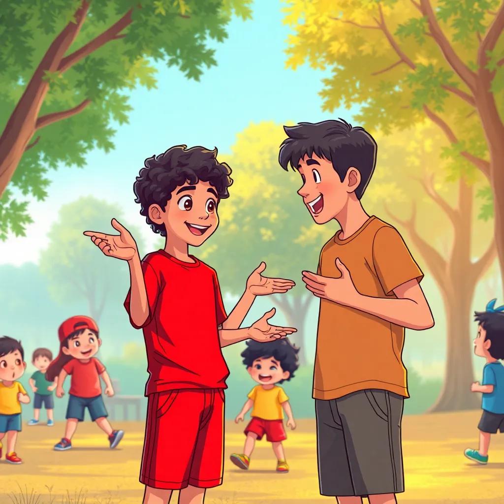 A young Arab boy, Ahmed, with curly black hair, wearing a bright red shirt and shorts, explaining to Ali with expressive gestures in the playground surrounded by trees and laughing children, detailed illustration, engaging, warm light, high quality