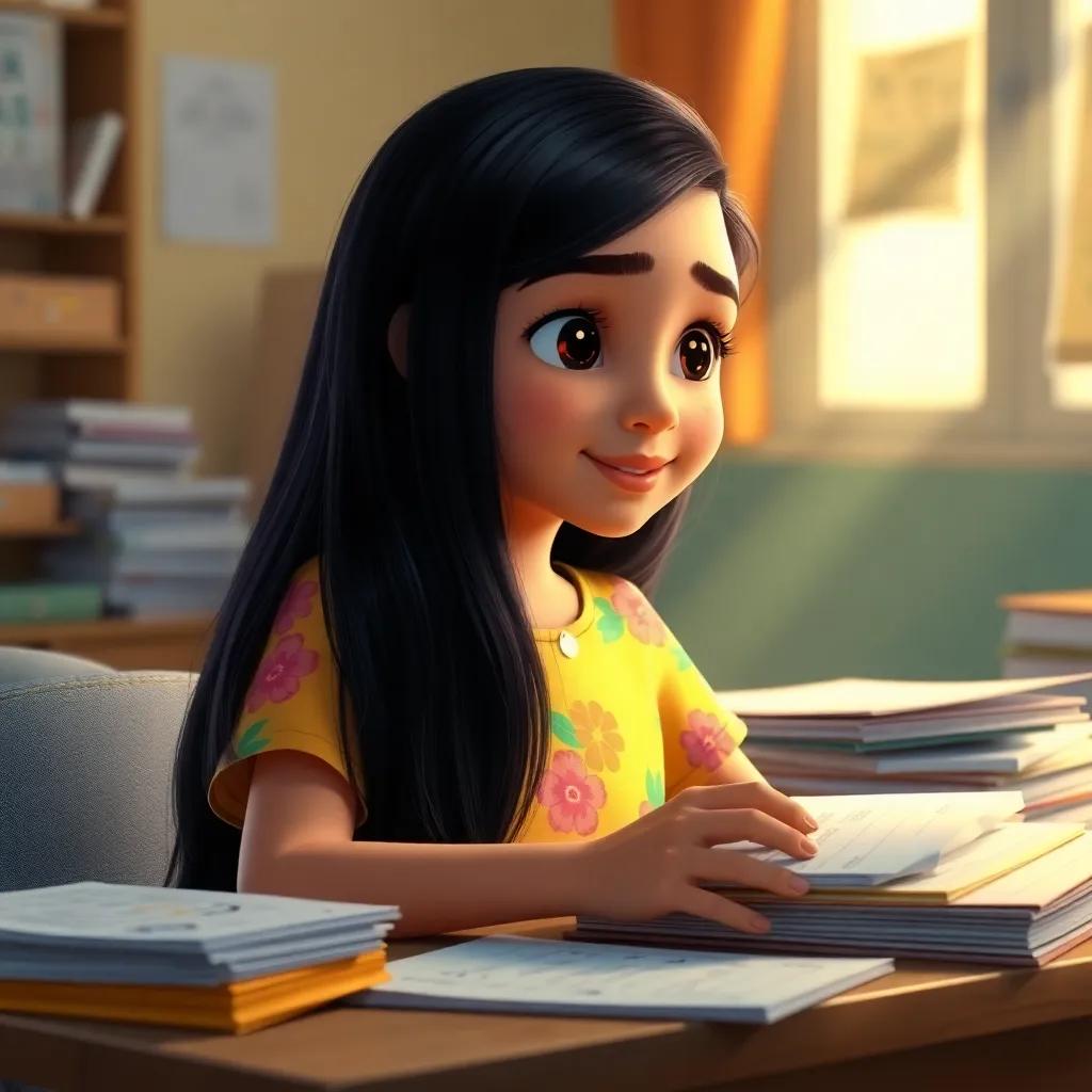 A 13-year-old Arab girl, Hala, with long black hair wearing a bright floral shirt, sitting at her desk covered with math books and papers, looking curious and focused. Light from the window casting a warm glow on her, cheerful atmosphere, digital art, colorful, inviting, high quality