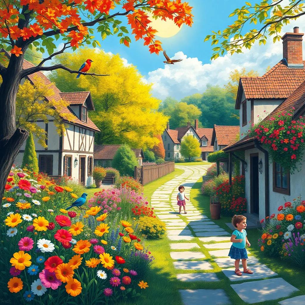 A beautiful village scene with colorful flowers and singing birds, children playing, vibrant trees, sunny day, cheerful atmosphere, digital art, vibrant colors, high quality