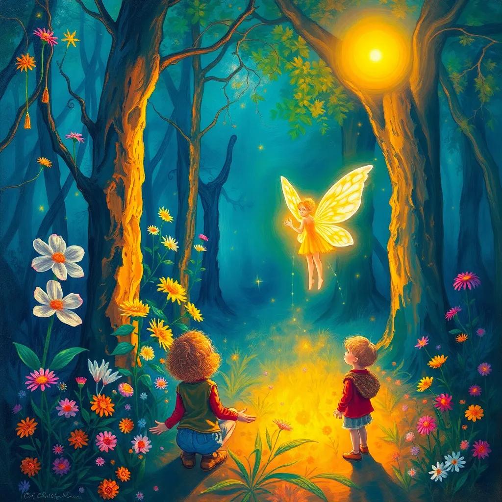 A magical forest scene with mysterious flowers and a fairy with bright wings, children looking amazed, enchanting light, warm colors, fantasy, high quality