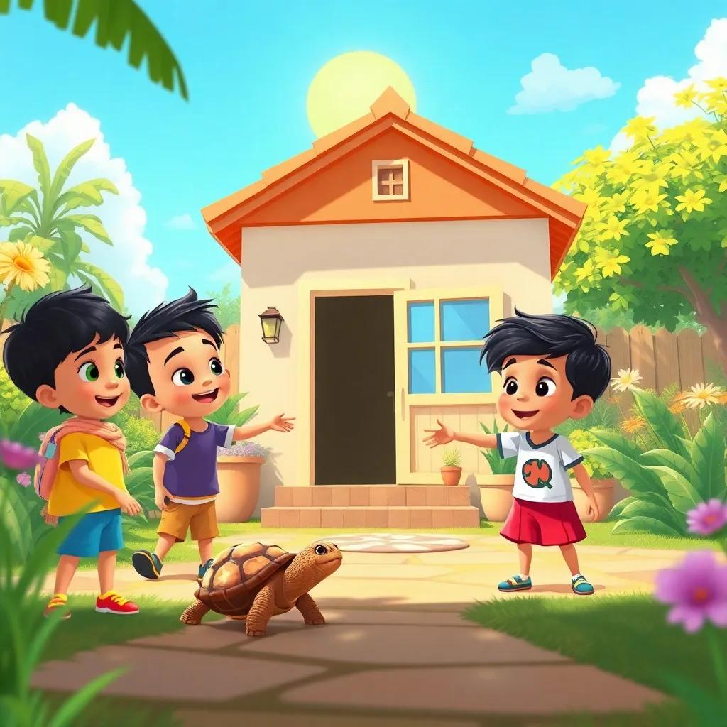 A sunny day with children playing outside a house, one child named Saad pointing to a small turtle, vibrant garden background, cheerful atmosphere, digital art, bright colors, engaging scene