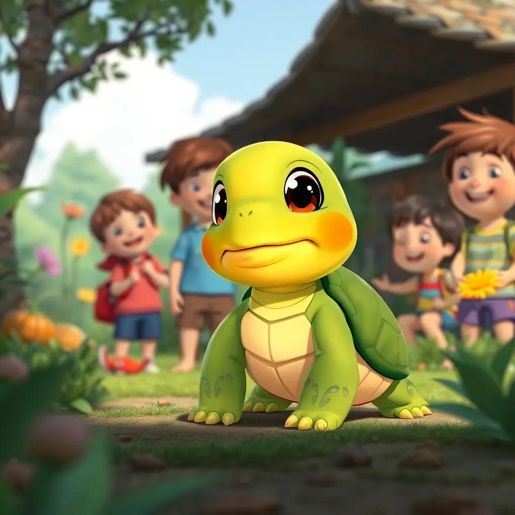 A small turtle named Sara, looking cute and curious beside the kids in the garden, joy and exploration, playful environment, detailed illustration
