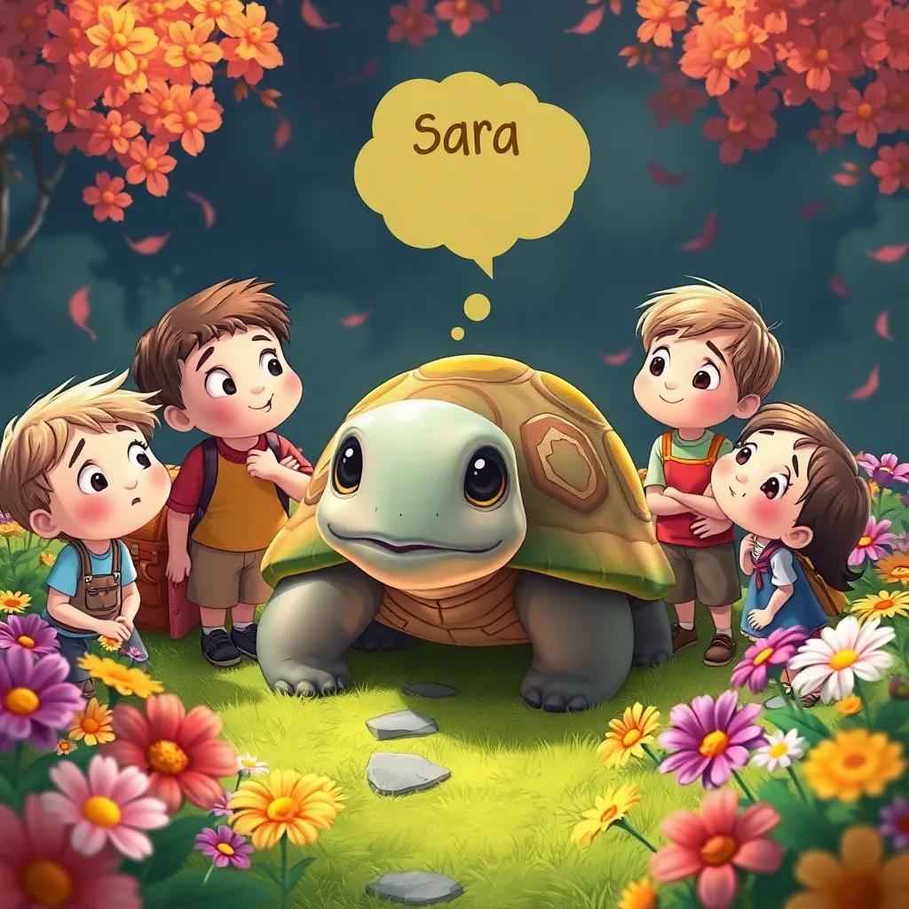 Children gathered around the turtle named Sara, thinking of the shortest path to the flower garden, expressions of determination, colorful flowers around, children's adventure, illustration