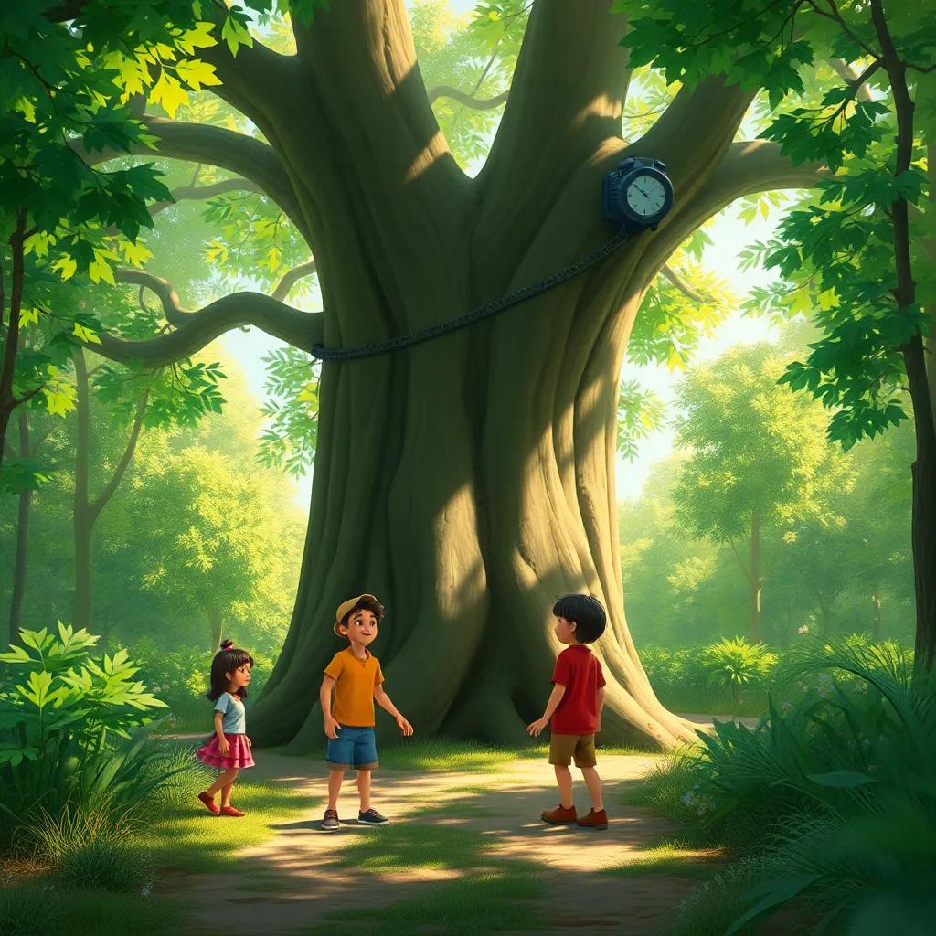 A big tree blocking the path, children discussing how to get around it, curious expressions, vivid greenery, bright sunlight filtering through leaves, digital painting