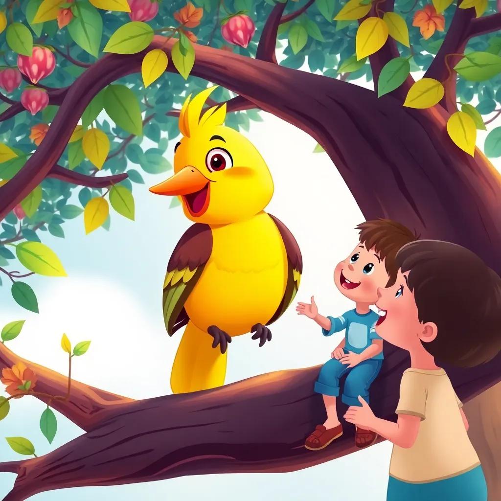 A bird sitting on a branch giving advice to the children, joyful scene, colorful tree, friendly atmosphere, child-friendly illustration
