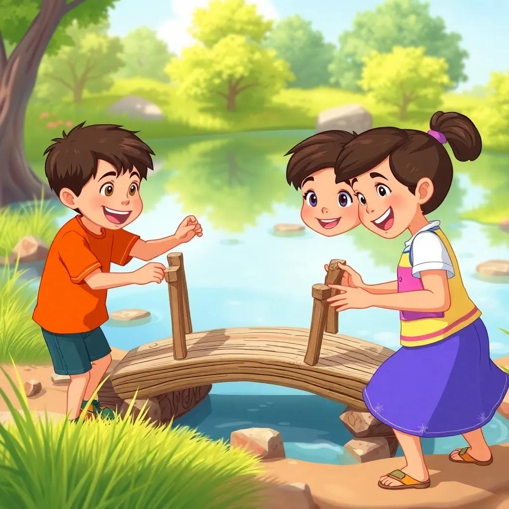 Children building a small bridge with wood for Sara, excitement on their faces, serene pond in the background, teamwork theme, bright illustration