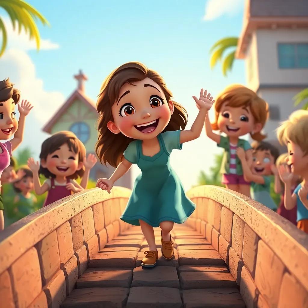 A close-up of Sara happily crossing the small bridge with children cheering, warm light, uplifting feelings, joyful children, detailed art