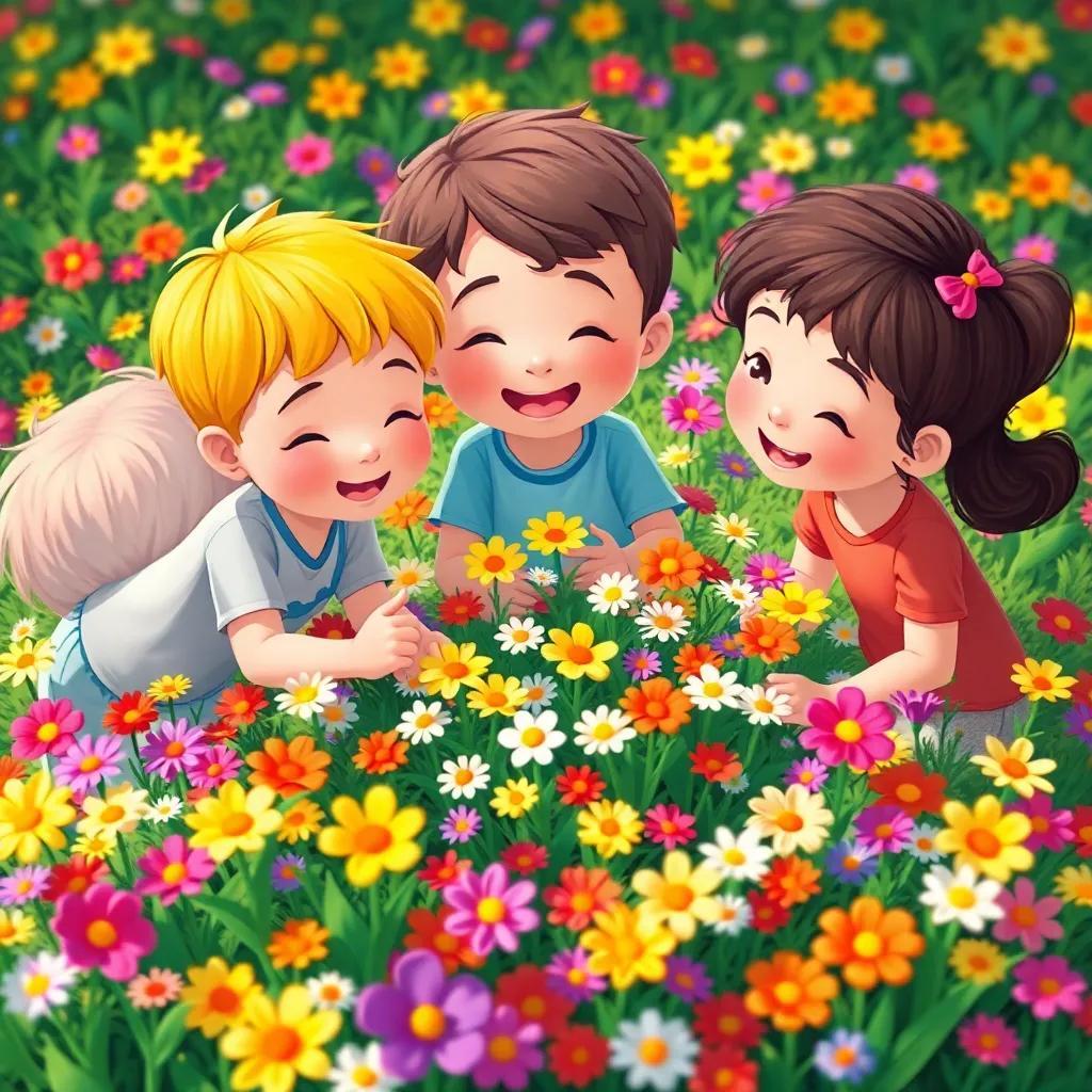 Children surrounded by colorful tiny flowers, engaging in gathering flowers, vibrant colors showcasing teamwork, cheerful setting, whimsical illustration
