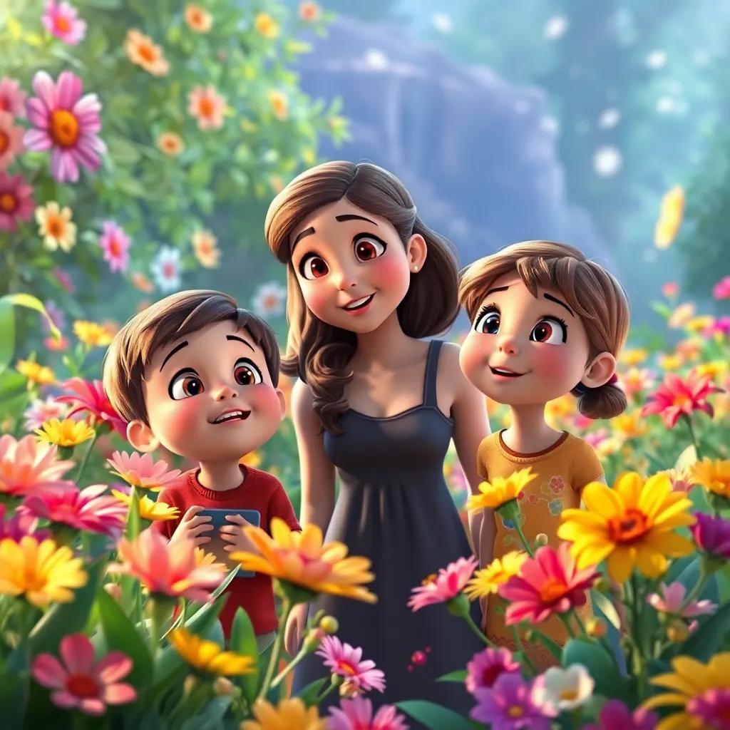 The kids and Sara amazed by the beautiful flower garden, colorful flowers blooming everywhere, expressions of wonder, enchanting atmosphere, digital art