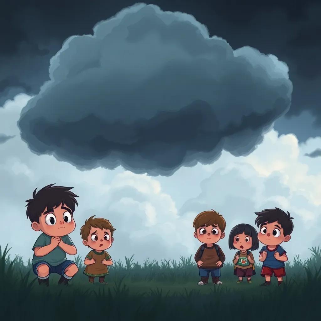 A big dark cloud appearing over the scene, children worried, dramatic shift in emotions, powerful atmosphere, tension-filled illustration