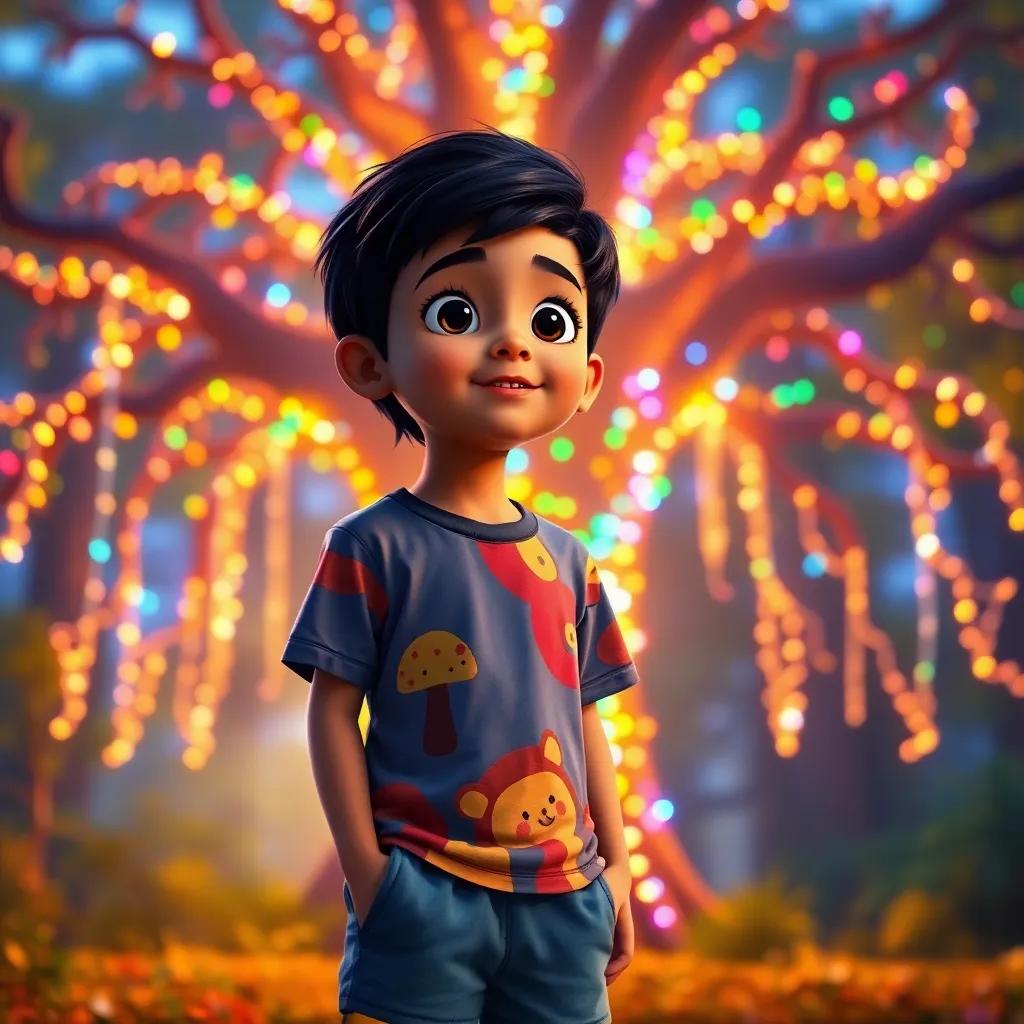 A young Arabic boy, Sami, with black hair and wearing a colorful t-shirt and shorts, stands amazed in front of a glowing magical tree with colorful lights, forest background, fantasy, child-friendly, vibrant, warm colors, high quality