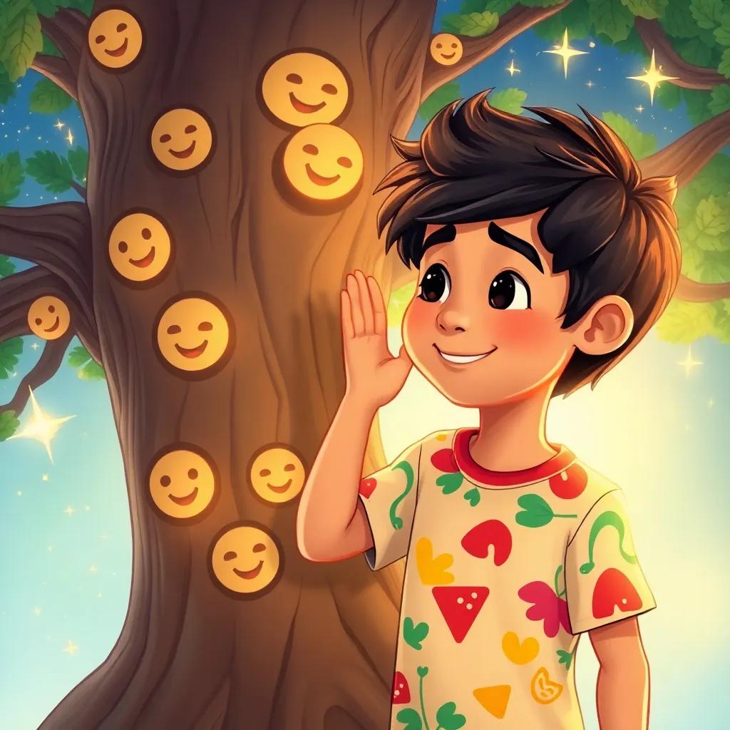 Sami, a young Arabic boy, with black hair in a colorful t-shirt, whispering to the magical tree, which has smiling faces in its bark, surrounded by sparkling energy, cheerful, bright atmosphere, illustration, detail-oriented, heartwarming