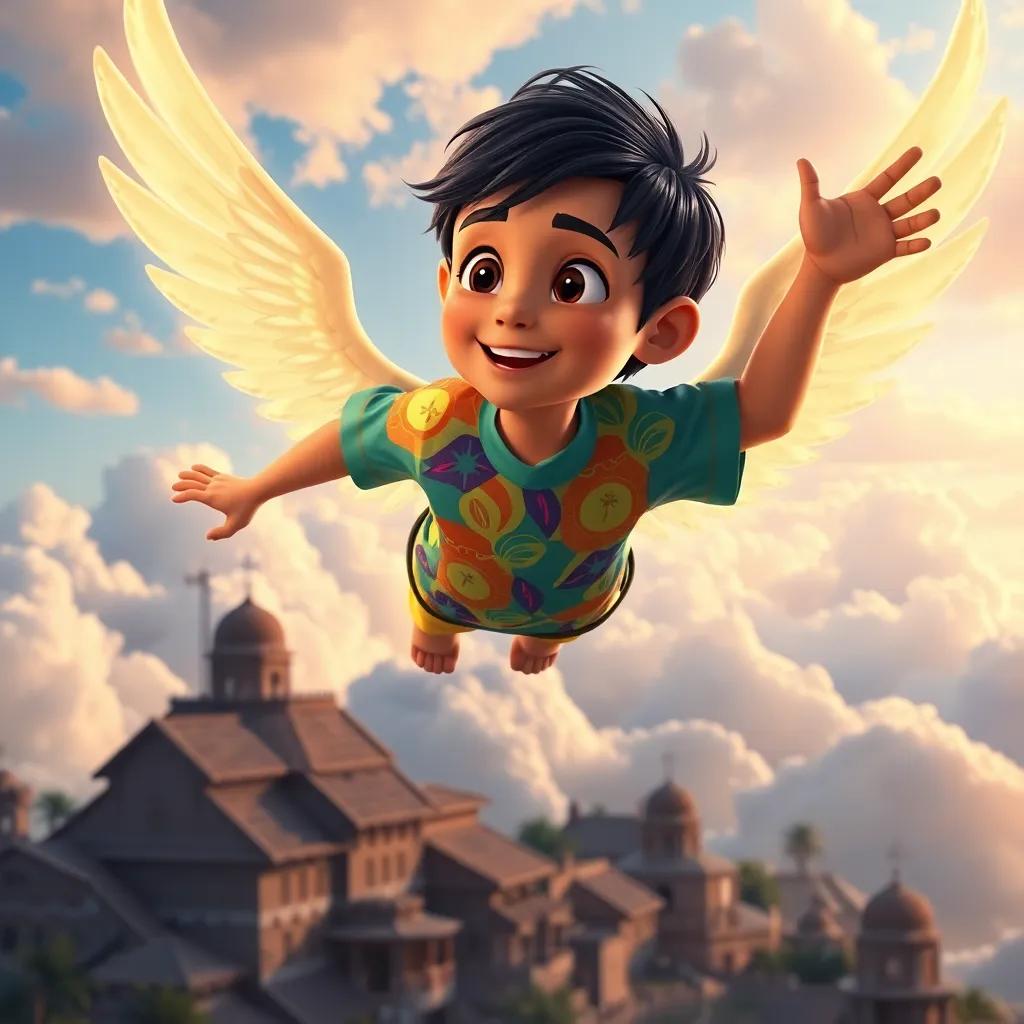 Sami, a young Arabic boy with black hair wearing a colorful t-shirt, flying in the sky with glowing wings, looking down at his village, with fluffy clouds surrounding him, adventure, colorful, high-quality, inspiring