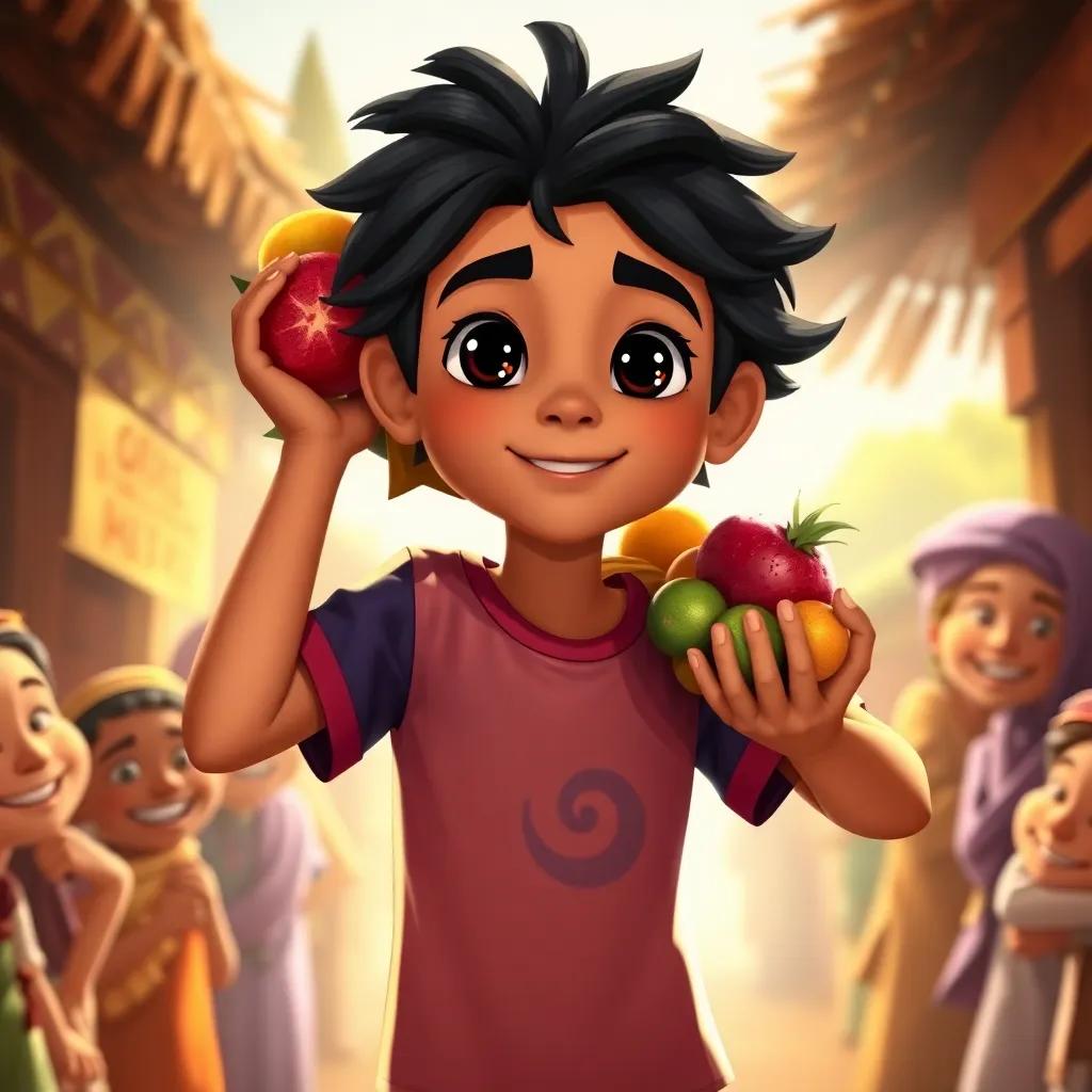 Sami, a young Arabic boy with black hair in a colorful t-shirt, helping villagers with his newfound powers, carrying a load of fruits and gifts, joyful faces around him, bright light, storytelling, warm and uplifting