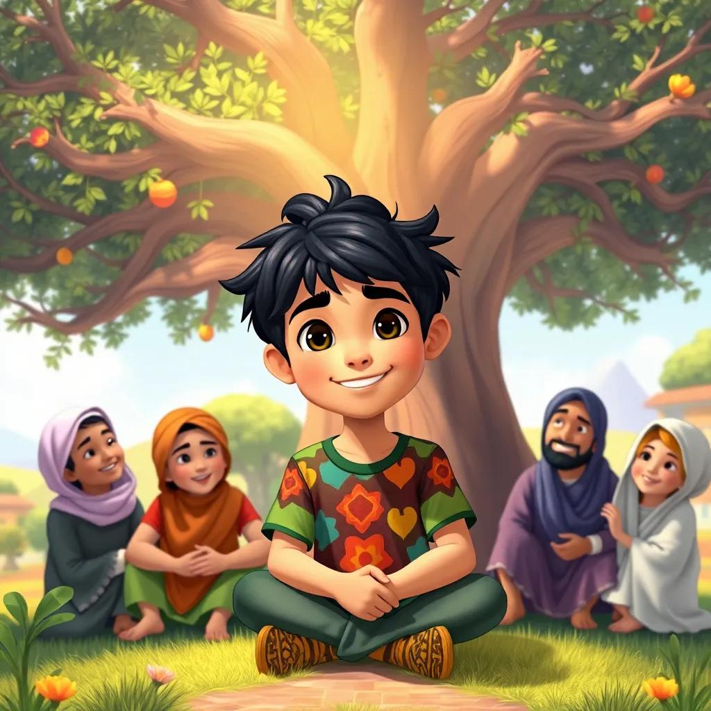 Sami, a young Arabic boy with black hair in a colorful t-shirt, sitting under the magical tree with happy villagers, sharing their stories, bright day, colorful scenery, community, cheerful, inviting atmosphere