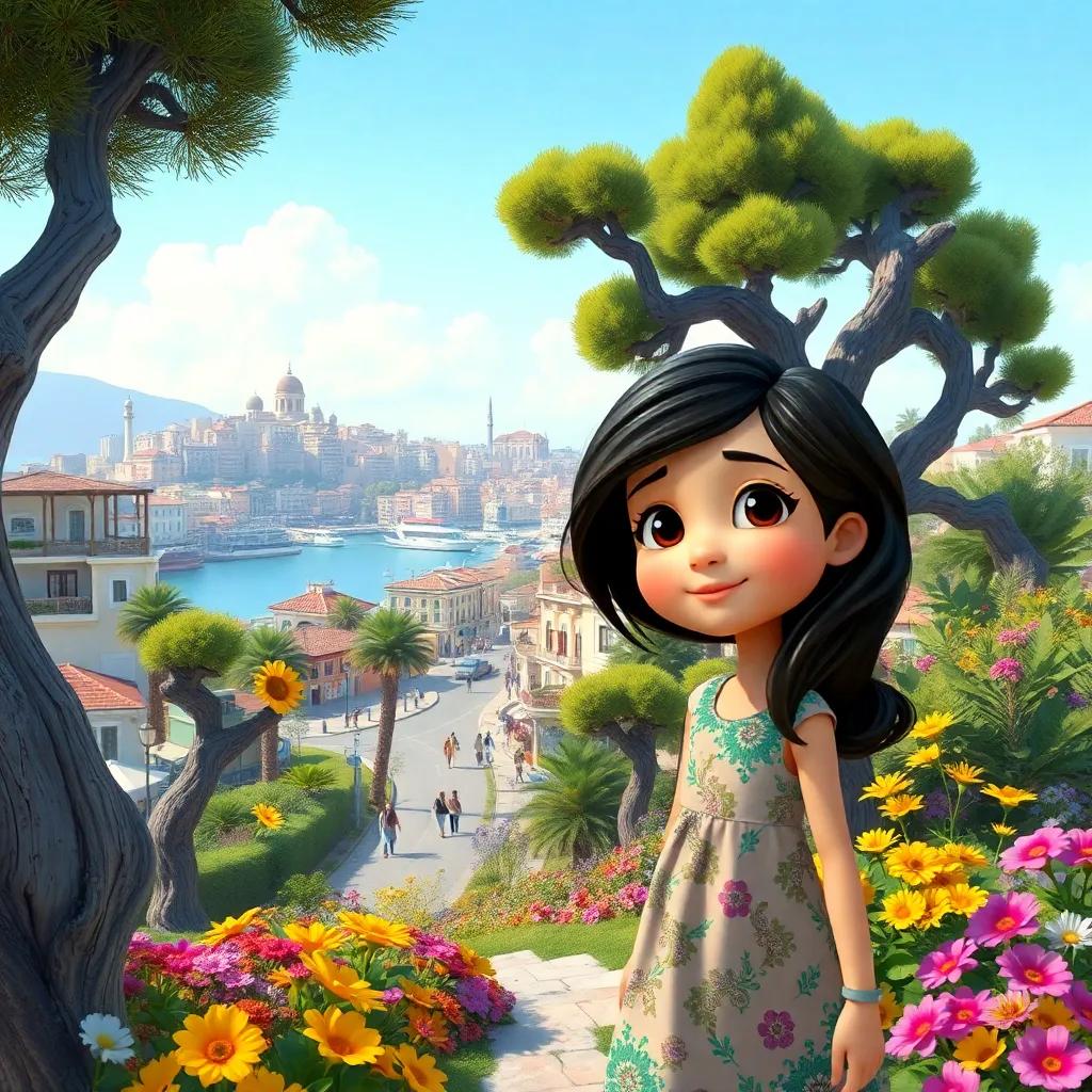 A beautiful coastal city of Antalya, with vibrant streets and a sunny atmosphere, featuring a curious girl named Leila, age 10, with dark hair and a colorful dress, exploring her garden filled with old trees and colorful flowers, digital art, bright colors, inviting scene, high quality