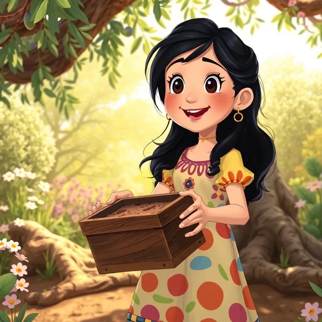 Leila, a 10-year-old girl with dark hair wearing a colorful dress, excitedly holding a dusty wooden box found among the roots of an ancient olive tree, the garden filled with sunlight and flowers in the background, illustration, cheerful, adventure-themed, child-friendly