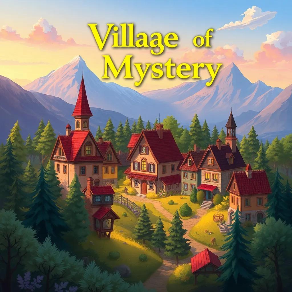 A distant village called the Village of Mystery, with charming houses and a serene landscape, surrounded by trees and mountains, in digital art, vibrant colors, fairy-tale vibe, high quality