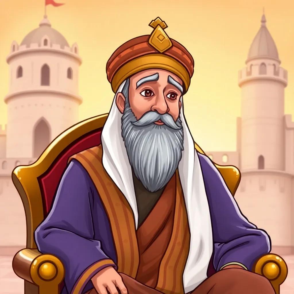 King Mazen, a wise Arab man in his 40s, wearing a traditional thobe and an elegant turban, sitting on a throne with a thoughtful expression, castle background, warm lighting, storytelling focus, colorful, high quality