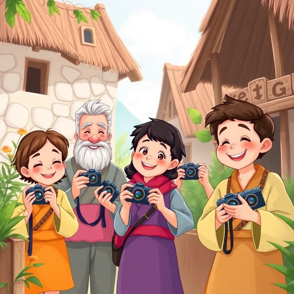 A scene depicting villagers holding cameras, smiling and enjoying their time together, with bright colors and a cheerful atmosphere, digital illustration, lively, detailed, high quality