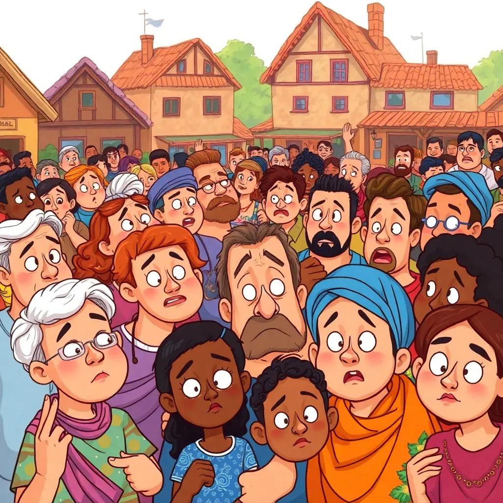 A puzzled crowd with different ethnic backgrounds, reacting with confusion and shock, vibrant expressions, diverse attire, in a village square, sunny day, rich colors, engaging composition, high quality