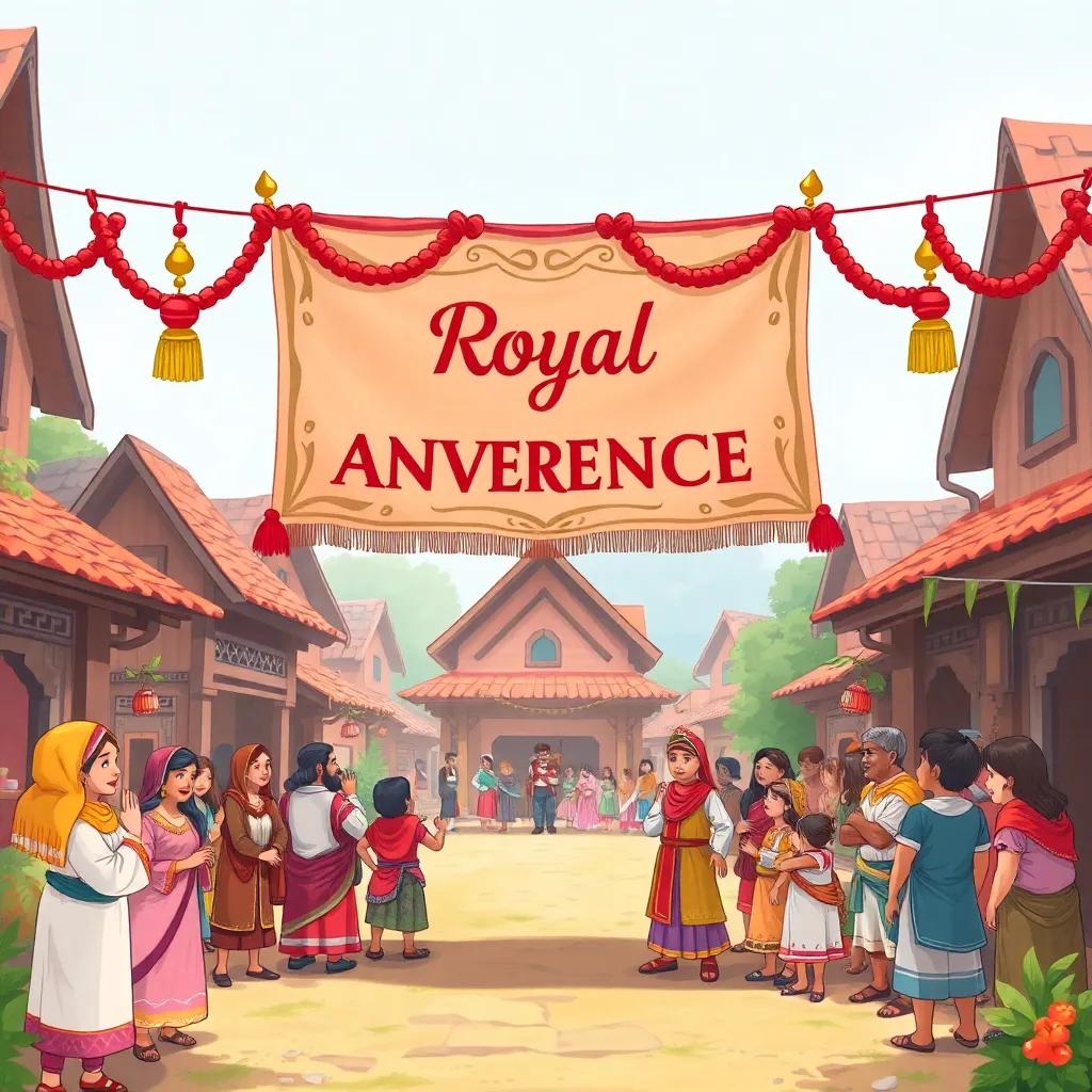 A royal announcement banner hanging in the village square, with villagers gathered around, excitement in the air, traditional attire, colorful decoration, digital art, festive, high quality
