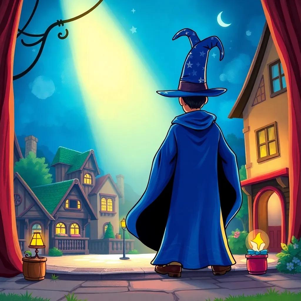 A magical stage in the village with a bright spotlight, featuring a mysterious magician wearing a blue robe and a tall hat, colorful, mystical atmosphere, high quality