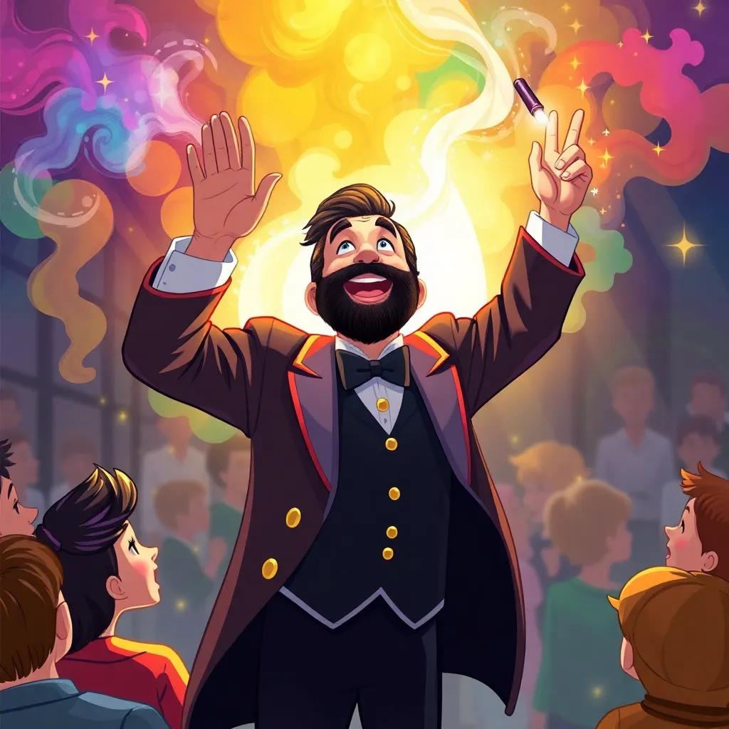 A magician waving his wand while a surprised audience watches, colorful smoke and lights around him, digital art, engaging and fun, high quality