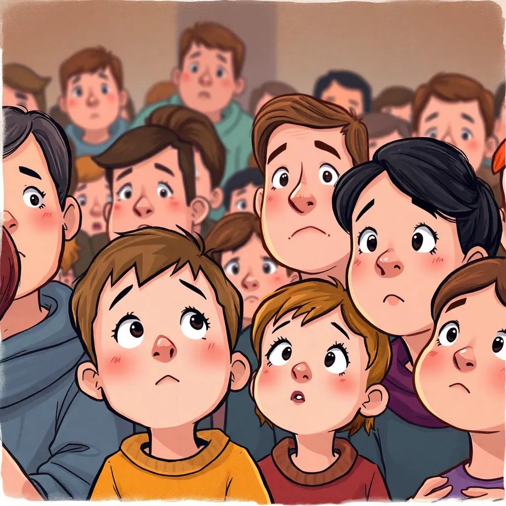 A concerned crowd with worried expressions, some children looking up at their parents' faces, emotional atmosphere, detailed character features, warm lighting, high quality
