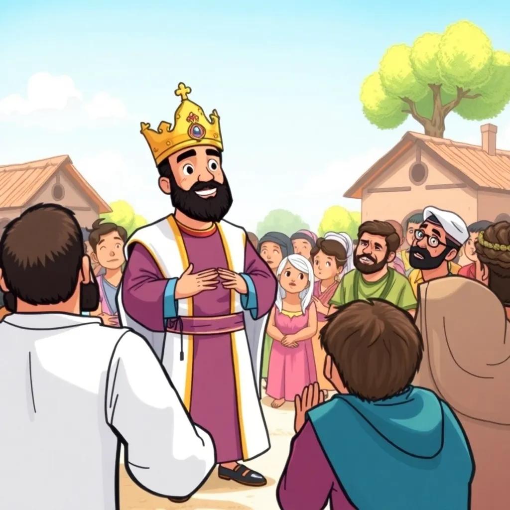 King Mazen in front of the crowd, standing confidently, explaining the truth about the photos, the villagers looking regretful, bright day, harmonious colors, heartwarming scene, high quality