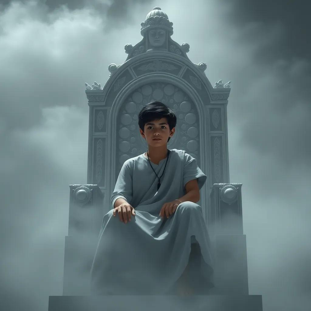 A young Arab boy, Ali, with short black hair wearing a simple tunic, sitting on a grand throne surrounded by thick, swirling fog, with an air of mystery, digital art, ethereal light, soft gray tones, majestic view, imaginative scene, high quality