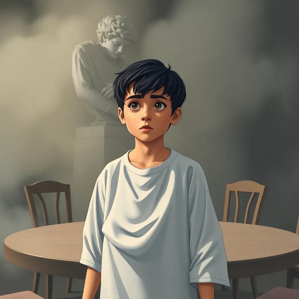 A young Arab boy, Ali, with short black hair in a simple tunic, looking anxiously around the mysterious fog, with empty chairs around a big round table, dynamic atmosphere, detailed illustration, muted colors, engaging perspective, immersive experience, high quality