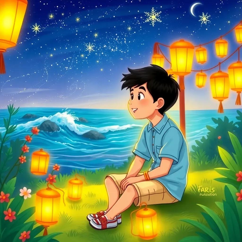 A ten-year-old boy, Faris, with dark hair wearing a light blue shirt and beige shorts, sitting in a garden decorated with illuminated lanterns, looking excitedly at the night sky filled with stars, with waves crashing gently nearby, digital art, vibrant colors, warm and inviting atmosphere, high quality