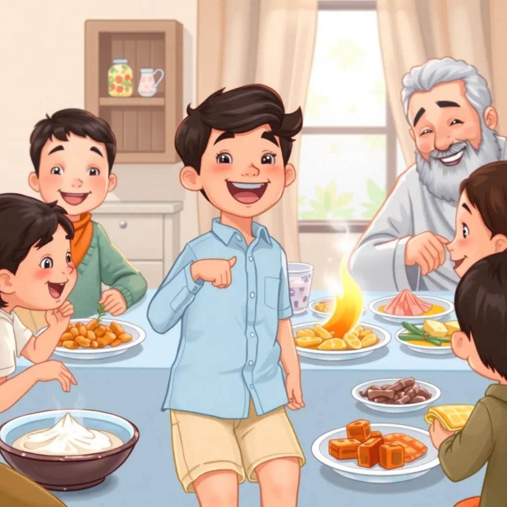 A joyful scene of Faris, with dark hair in a light blue shirt and beige shorts, enjoying his pre-dawn meal (suhoor) at the family table, surrounded by delicious food and his wise father, who has a soft smile and calming presence, soft morning light, inviting, detailed, family bonding scene, high quality