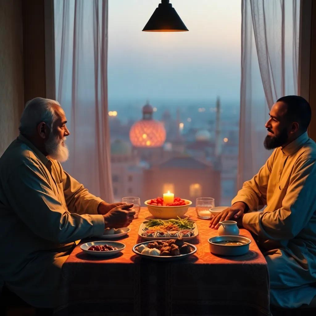 A wise father sitting at a pre-dawn table with Fares, giving advice about Suhoor, traditional food spread before them, peaceful morning light, inviting feeling, high quality