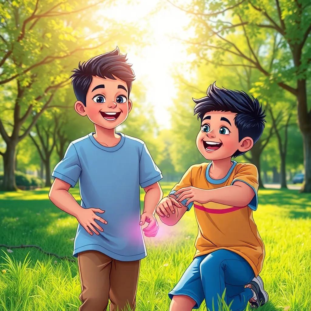 Fares and his smart friend Yaser playing in a park under bright sunshine, smiling, surrounded by greenery, emphasizing fun and joy, vibrant colors, high quality