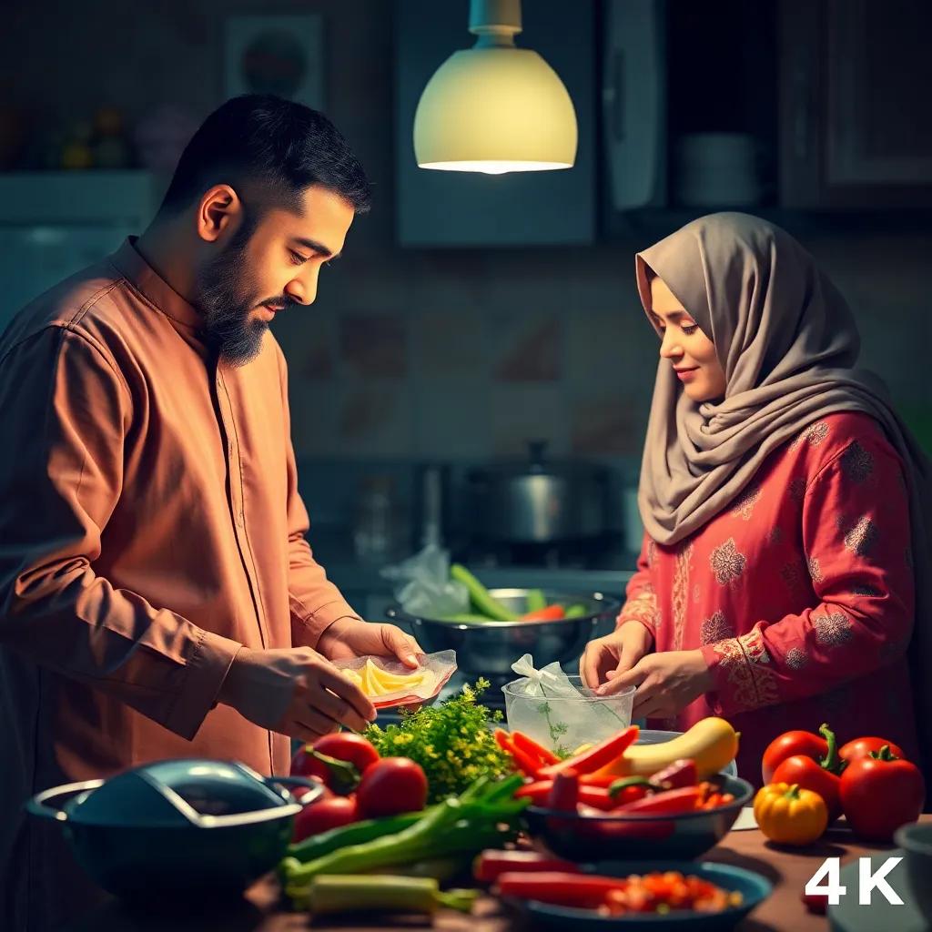 Fares helping his kind mother in the kitchen preparing iftar, colorful vegetables, a warm kitchen atmosphere, emphasis on connection and support, high quality