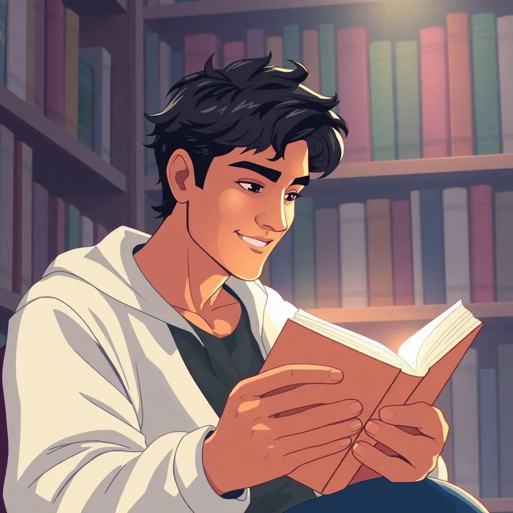 Fares reading a book in a cozy library, looking absorbed and happy, shelves filled with books around him, soft light, peaceful scene, high quality