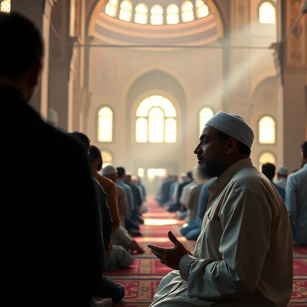Fares praying quietly in the mosque, surrounded by other worshippers, a serene atmosphere, soft light, strong emotions, high quality