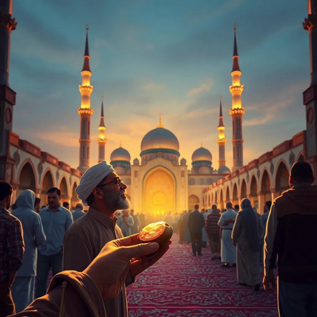 Sounds the evening call to prayer with Fares breaking his fast with a date in hand, joyful and excited, bustling mosque scene, warm light, happy atmosphere, high quality