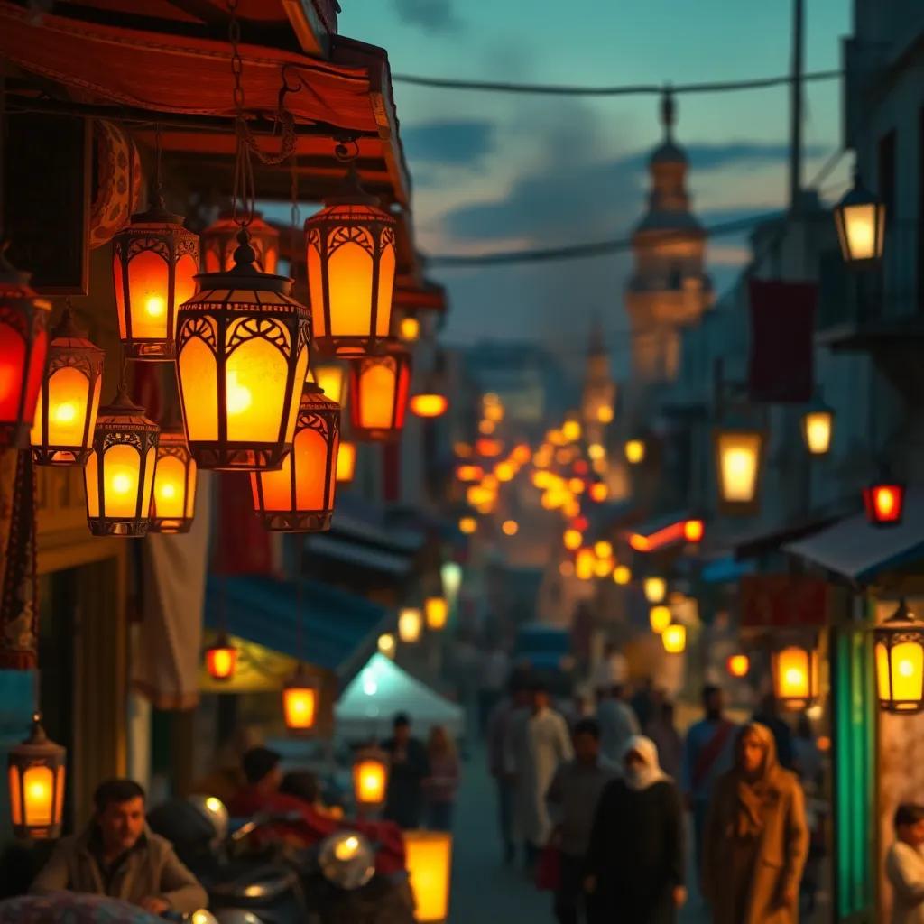 Lanterns glowing at dusk in Tyre city, families preparing for Iftar with cozy smoke scent, busy streets filled with life, warm colors, festive feeling, high quality