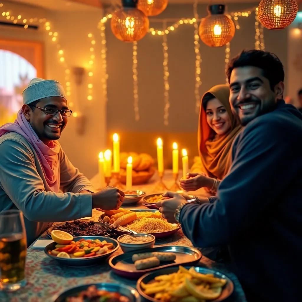 Fares celebrating with his family around the iftar table, smiling faces and delicious food, warm loving atmosphere, bright colors, high quality
