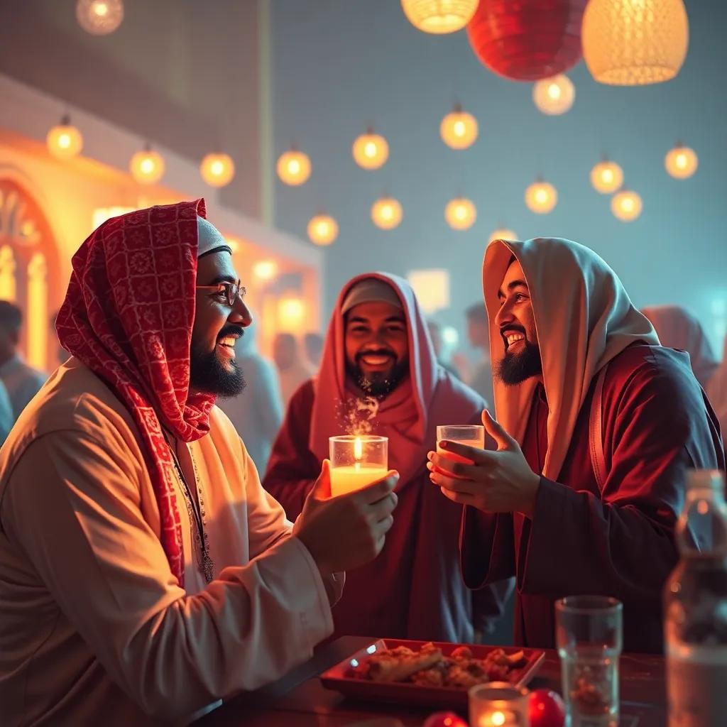 Fares expressing excitement about discovering the secret energy of Ramadan, sharing with friends after iftar, celebratory scene, festive mood, high quality