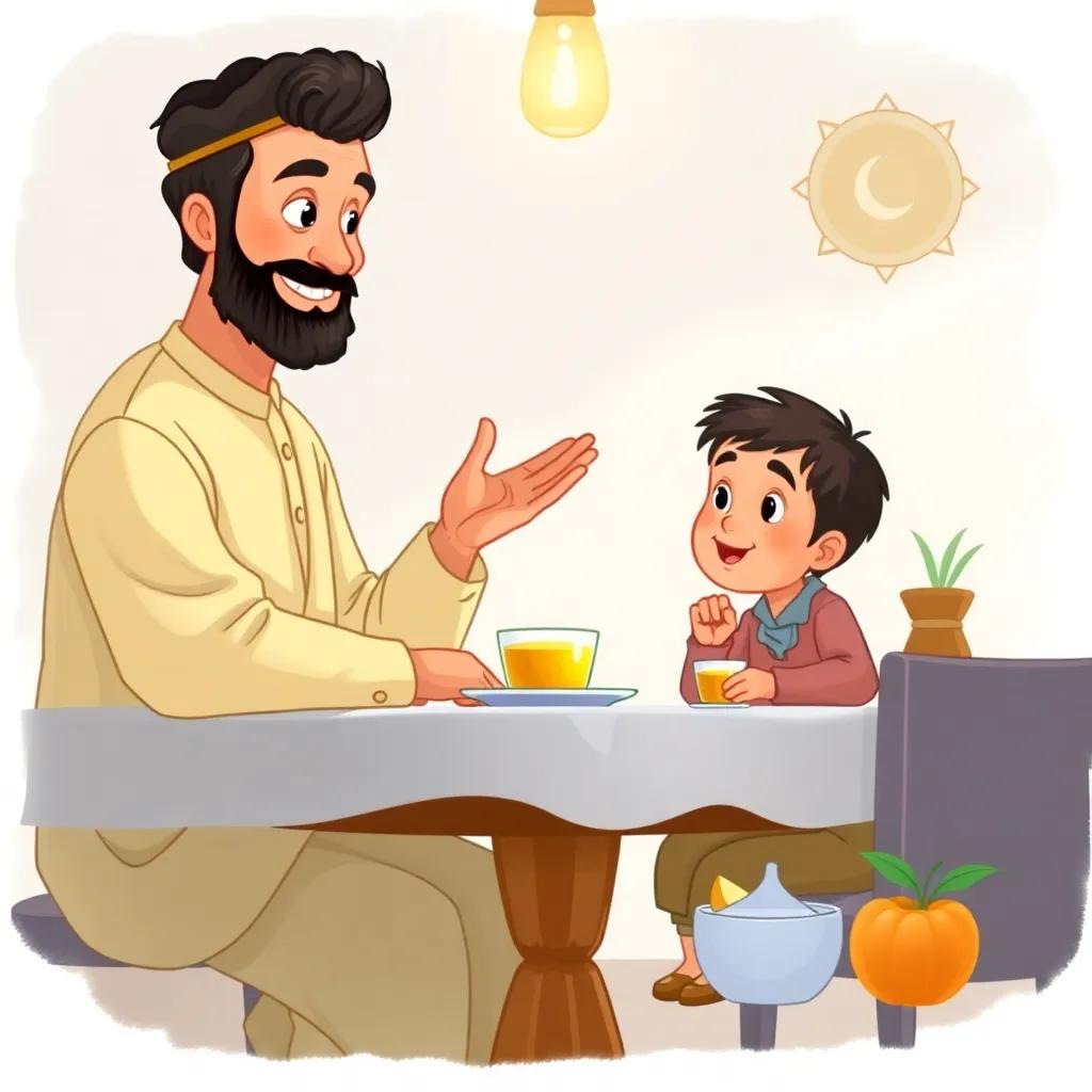 Fares sitting at the breakfast table with his father, who is wise and calm, wearing a traditional dish-dasha, smiling and explaining the importance of sahur, warm and inviting light, family bonding dynamic, high quality