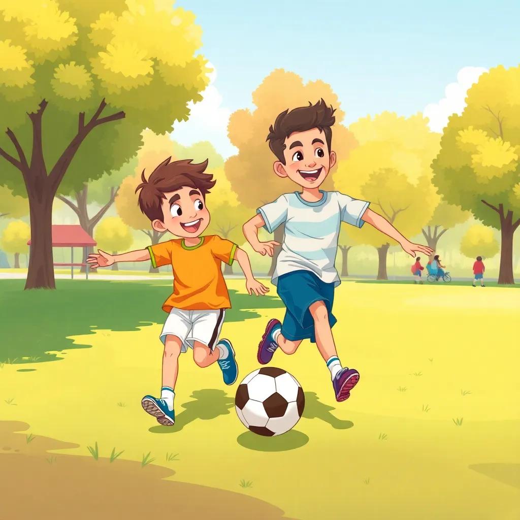 Fares and his smart friend Yasser, both playing soccer in a sunny park, joyful moment, vibrant colors, energy of youth, outdoor fun, high quality