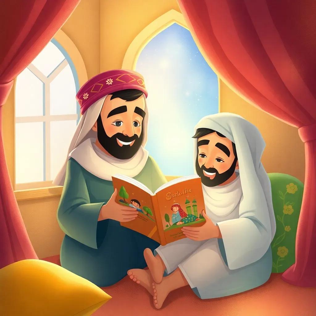 Fares and Yasser reading stories together in a cozy corner, immersed in a book with colorful illustrations, magical atmosphere, soft and inviting light, high quality