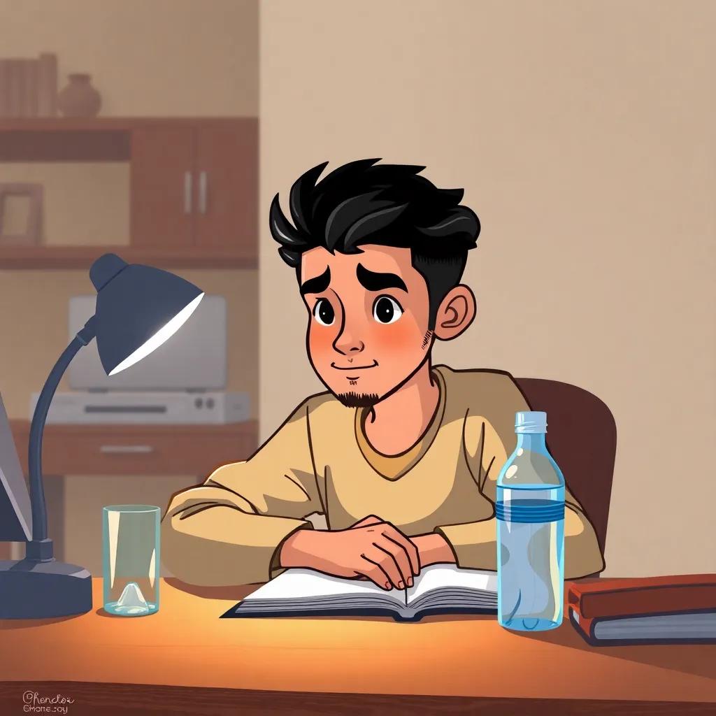 Fares sitting at his desk, looking determined and focused while studying, a bottle of water beside him, light illuminating his workspace, calming and inspiring ambiance, high quality